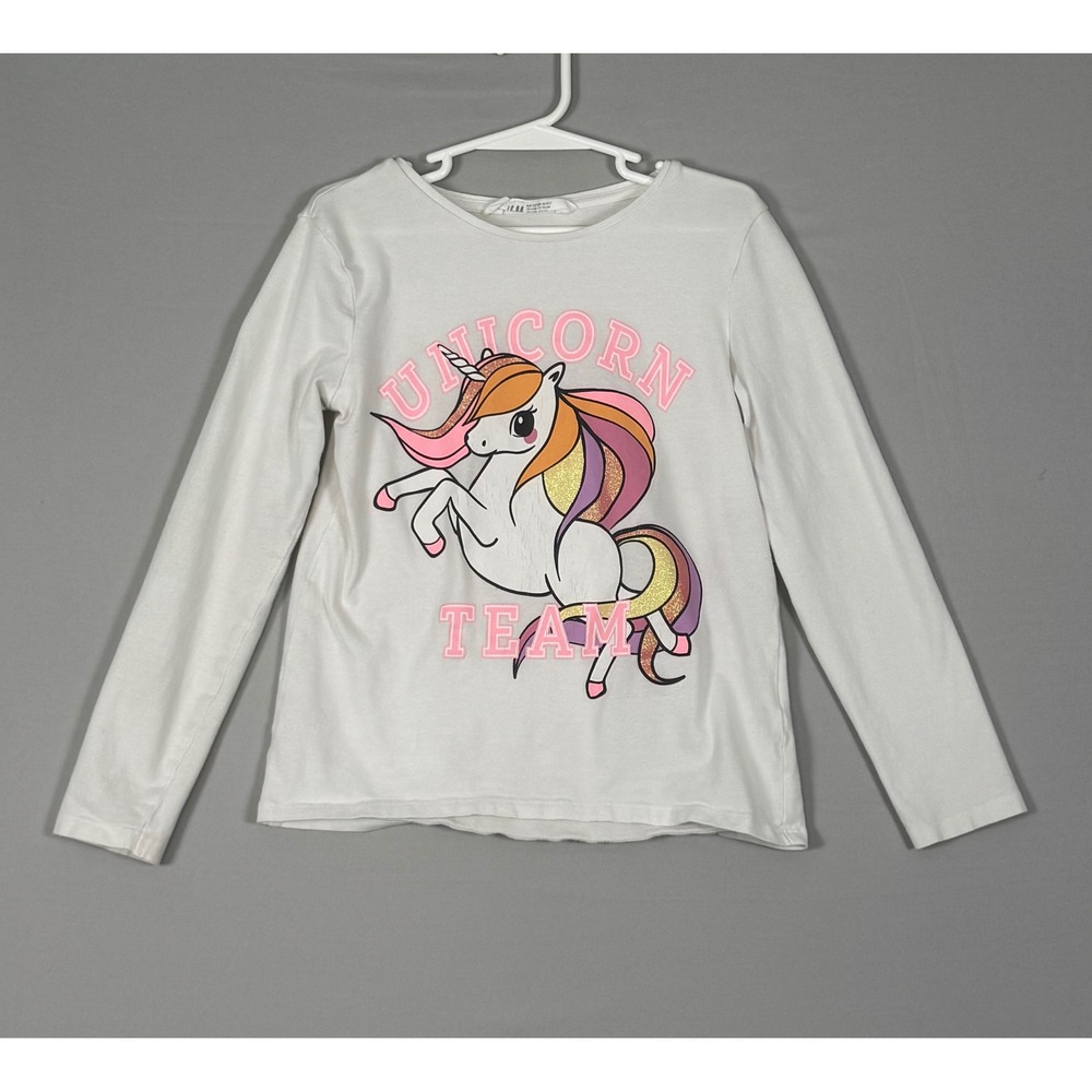 H&M Unicorn Team Graphic Tee Kids Size 6X/7 White Excellent Long Sleeve Glitter